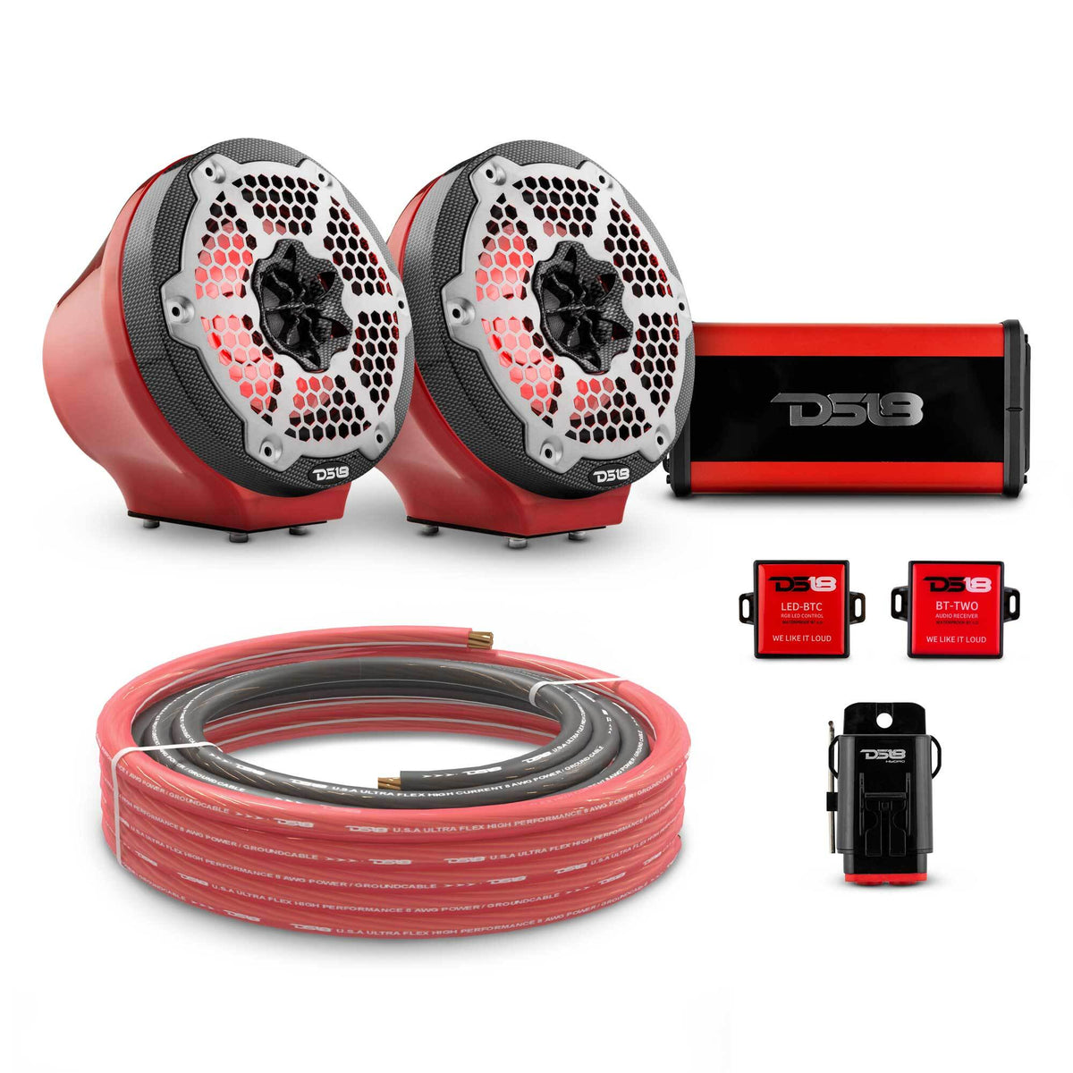 DS18 6.5" Loaded Flat Mount Speaker Pods with Amplifier, Installation Kit and RGB LED Lights, Package for Can-Am Spyder &