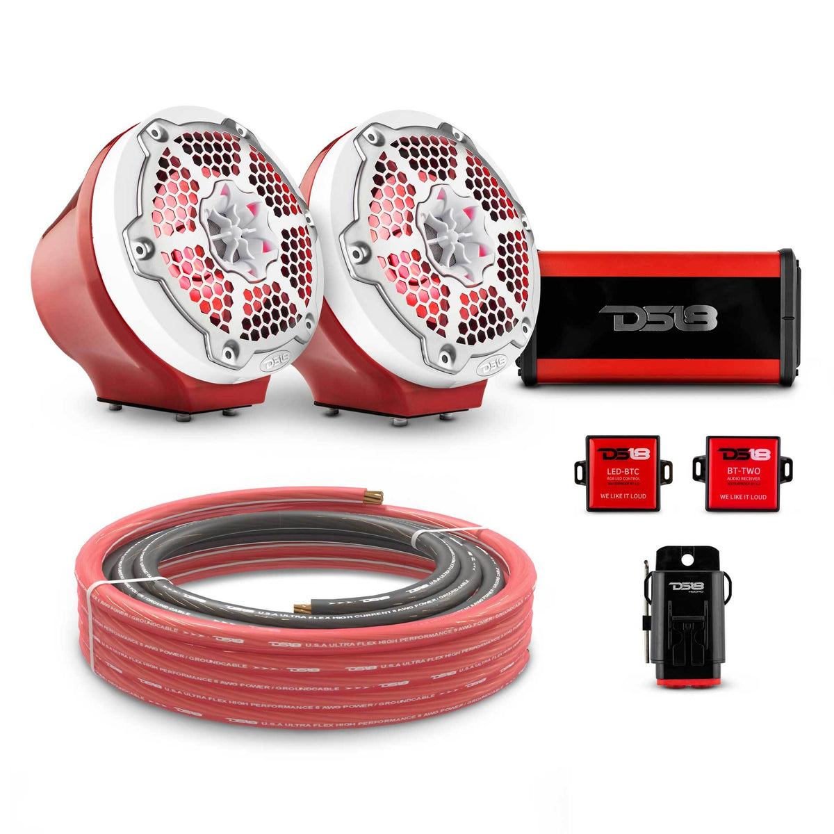 DS18 6.5" Loaded Flat Mount Speaker Pods with Amplifier, Installation Kit and RGB LED Lights, Package for Can-Am Spyder &