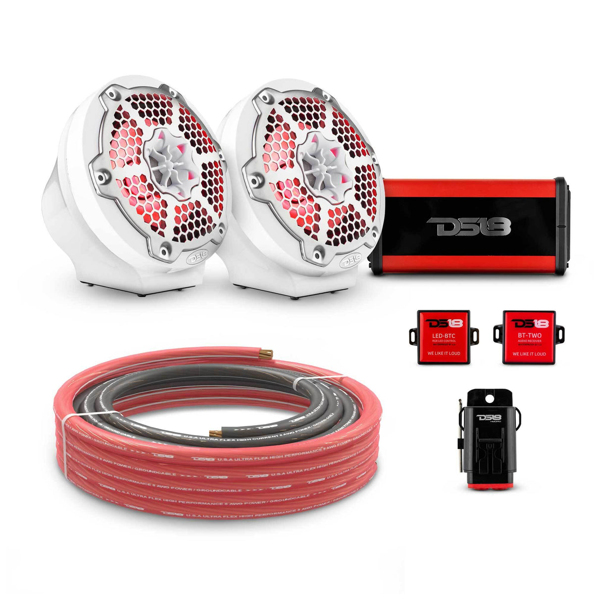 DS18 6.5" Loaded Flat Mount Speaker Pods with Amplifier, Installation Kit and RGB LED Lights, Package for Can-Am Spyder &