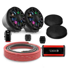 DS18 6.5" Loaded Flat Mount Speaker Pods with Amplifier, Installation Kit and Digital LED Lights, Package for Can-Am Spyder