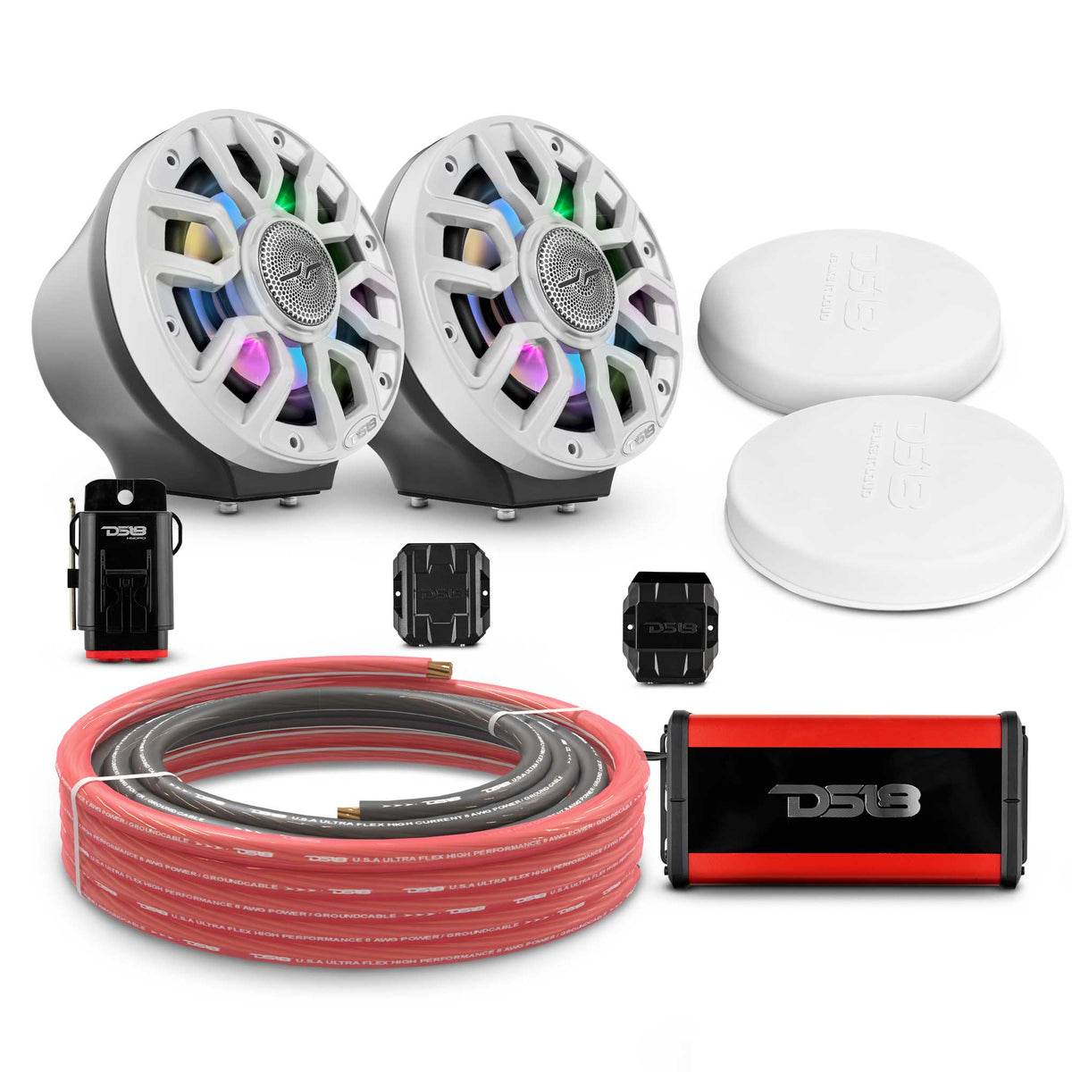 DS18 6.5" Loaded Flat Mount Speaker Pods with Amplifier, Installation Kit and Digital LED Lights, Package for Can-Am Spyder