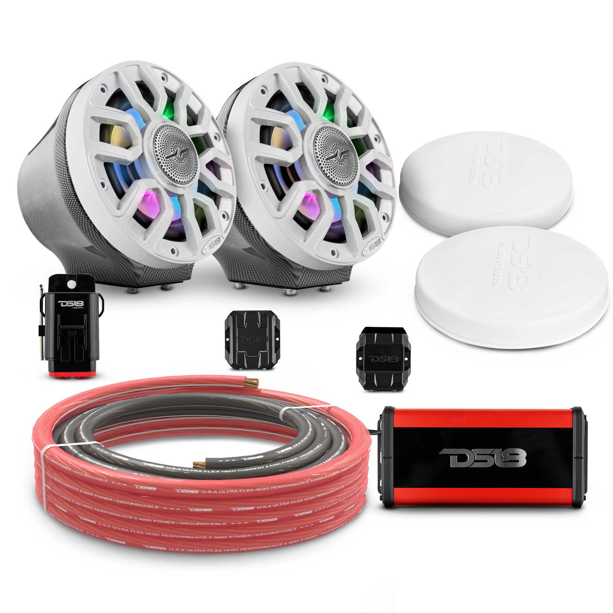 DS18 6.5" Loaded Flat Mount Speaker Pods with Amplifier, Installation Kit and Digital LED Lights, Package for Can-Am Spyder