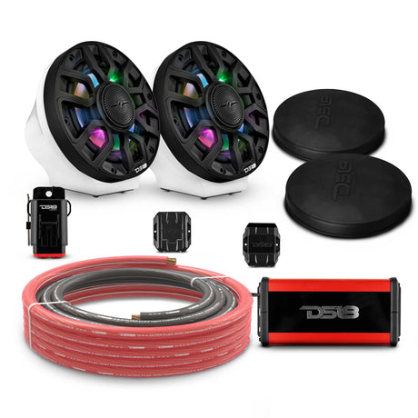 DS18 6.5" Loaded Flat Mount Speaker Pods with Amplifier, Installation Kit and Digital LED Lights, Package for Can-Am Spyder