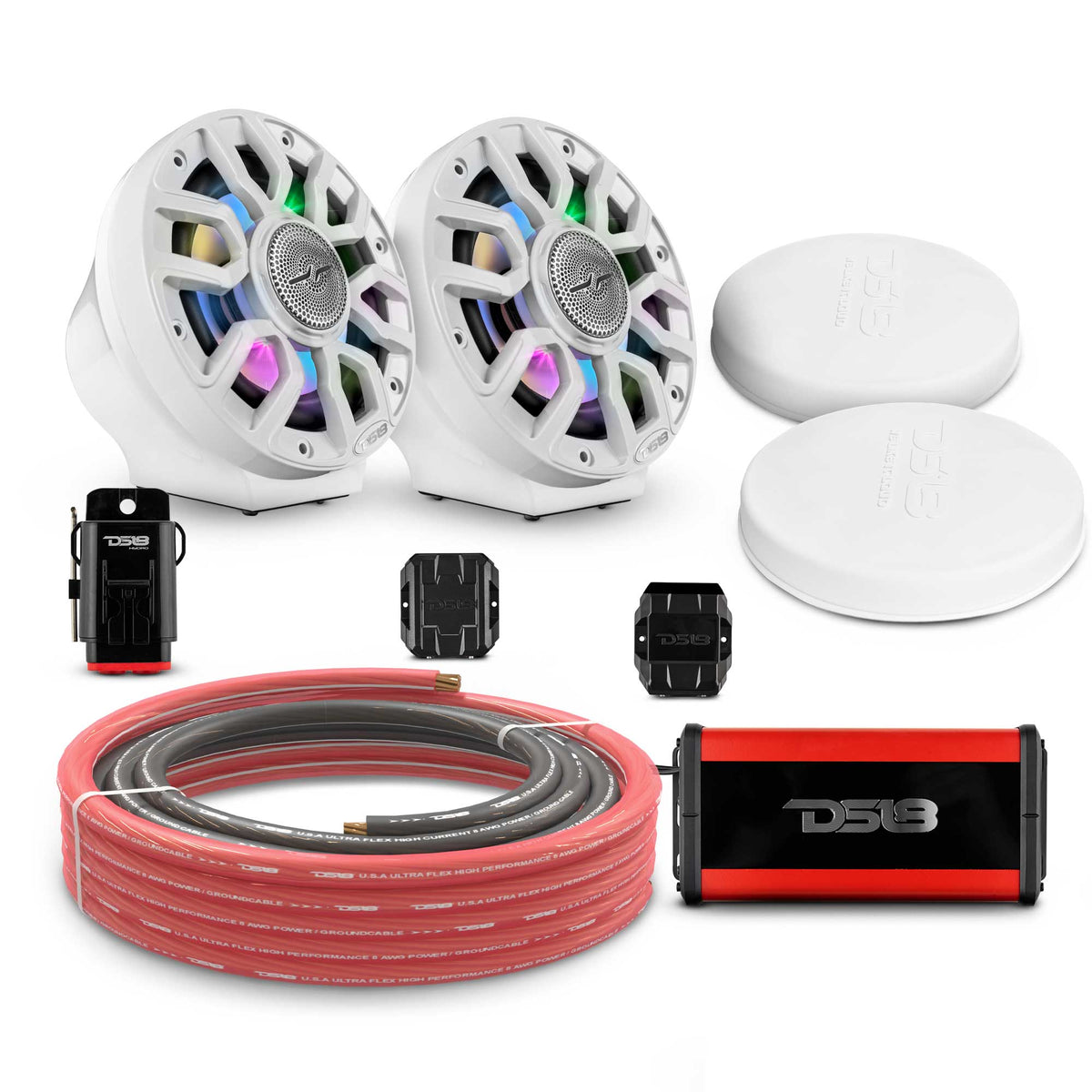 DS18 6.5" Loaded Flat Mount Speaker Pods with Amplifier, Installation Kit and Digital LED Lights, Package for Can-Am Spyder