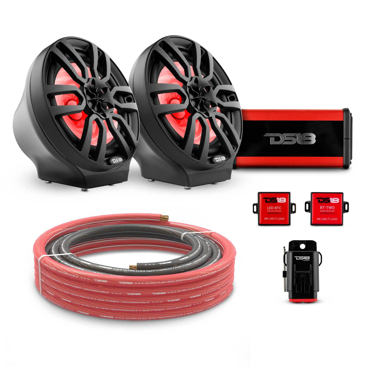 DS18 8" Loaded Flat Mount Speaker Pods with Amplifier, Installation Kit and RGB LED Lights, Package for Can-Am Spyder &