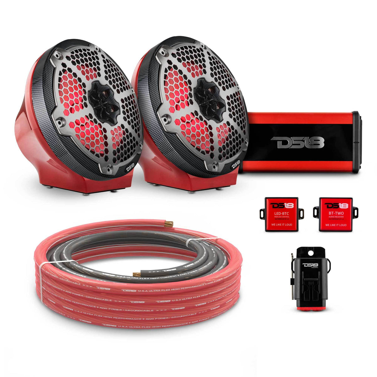 DS18 8" Loaded Flat Mount Speaker Pods with Amplifier, Installation Kit and RGB LED Lights, Package for Can-Am Spyder &