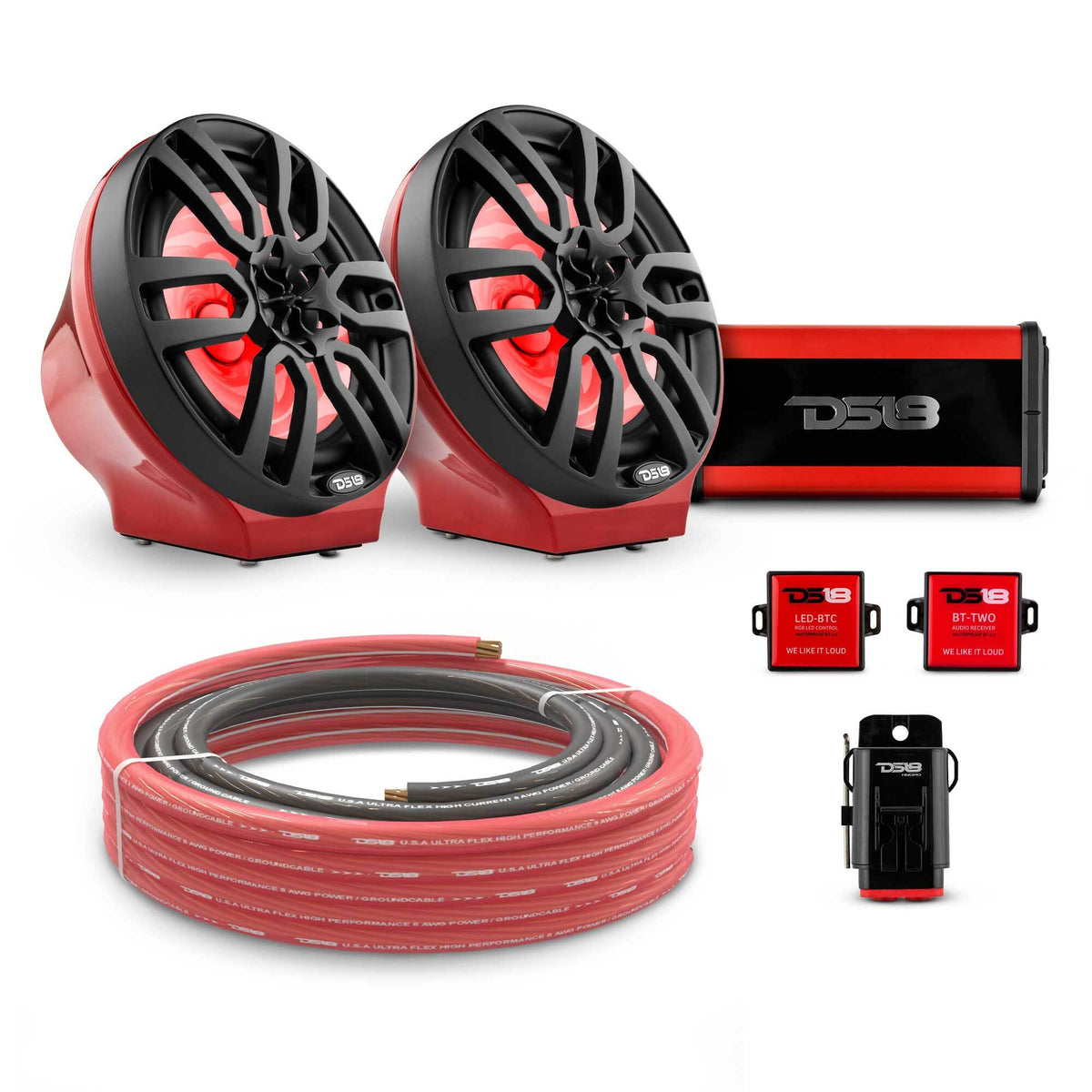 DS18 8" Loaded Flat Mount Speaker Pods with Amplifier, Installation Kit and RGB LED Lights, Package for Can-Am Spyder &