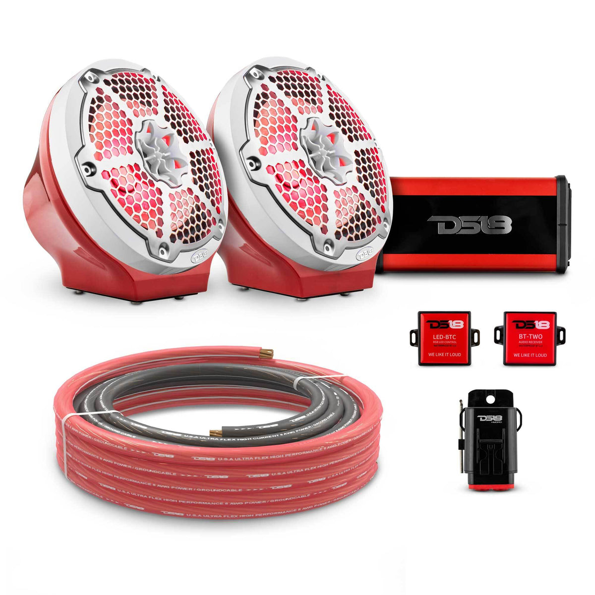 DS18 8" Loaded Flat Mount Speaker Pods with Amplifier, Installation Kit and RGB LED Lights, Package for Can-Am Spyder &