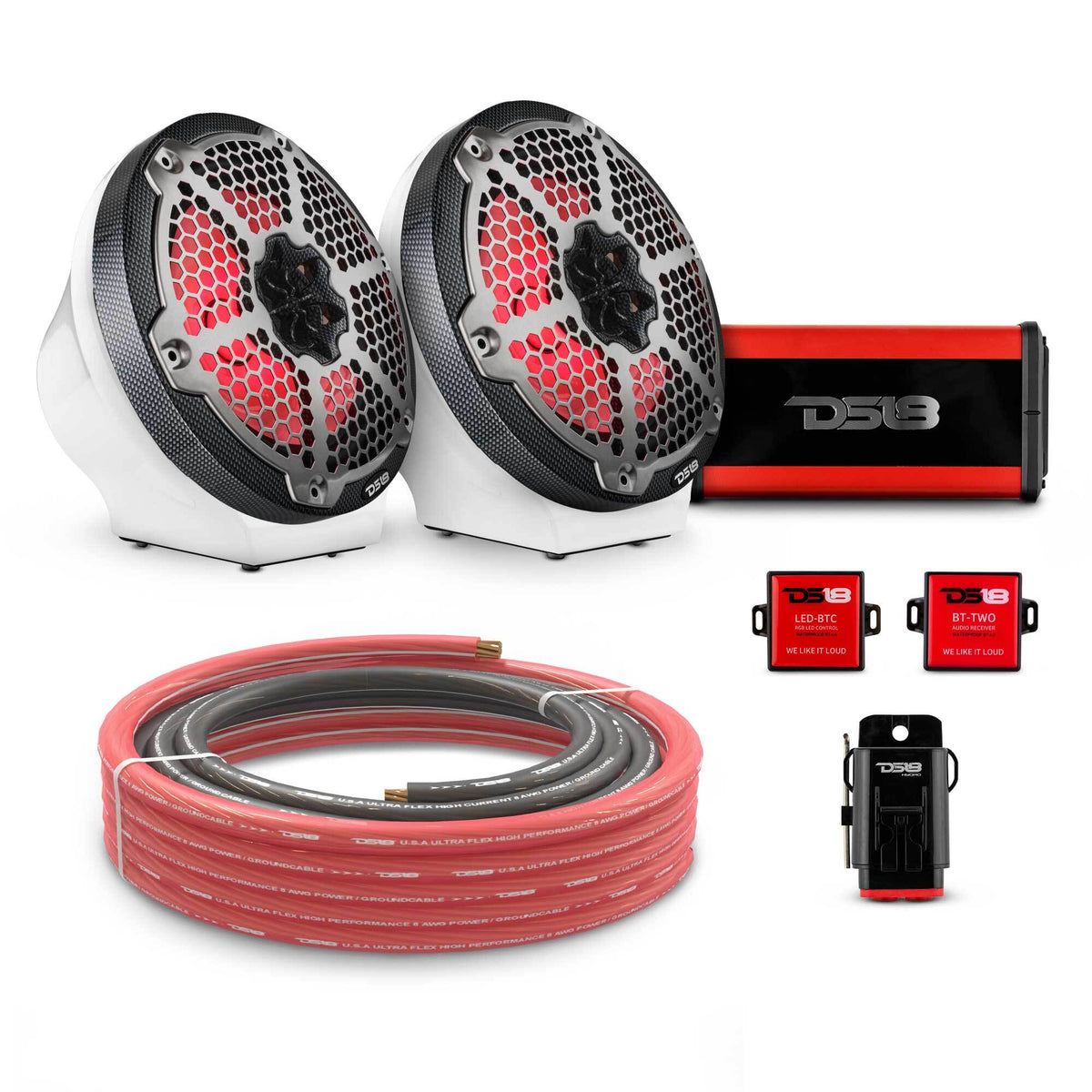 DS18 8" Loaded Flat Mount Speaker Pods with Amplifier, Installation Kit and RGB LED Lights, Package for Can-Am Spyder &