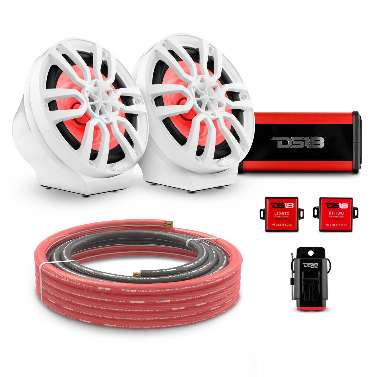 DS18 8" Loaded Flat Mount Speaker Pods with Amplifier, Installation Kit and RGB LED Lights, Package for Can-Am Spyder &