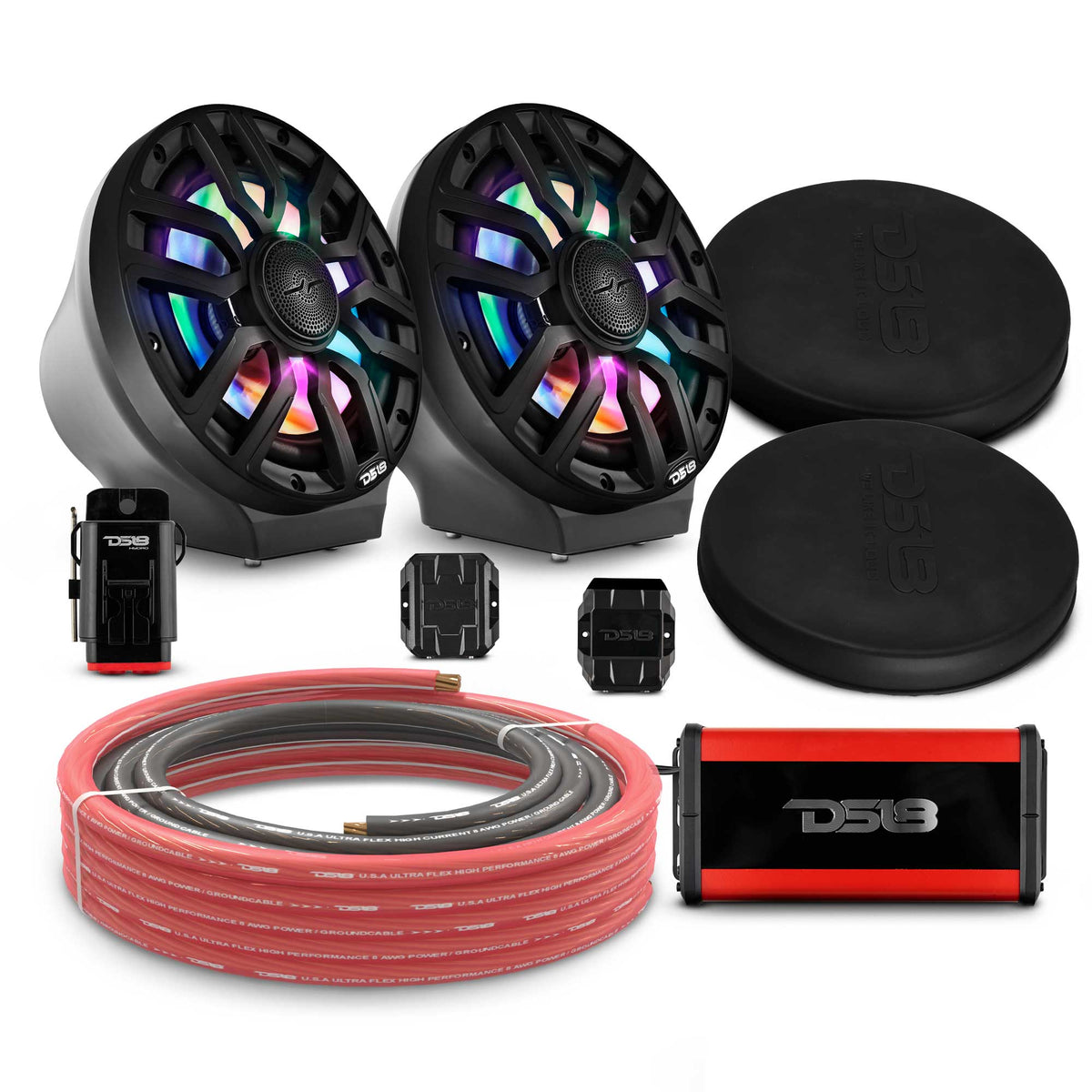 DS18 8" Loaded Flat Mount Speaker Pods with Amplifier, Installation Kit and Digital LED Lights, Package for Can-Am Spyder &