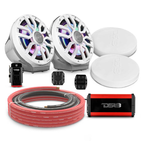 DS18 8" Loaded Flat Mount Speaker Pods with Amplifier, Installation Kit and Digital LED Lights, Package for Can-Am Spyder &