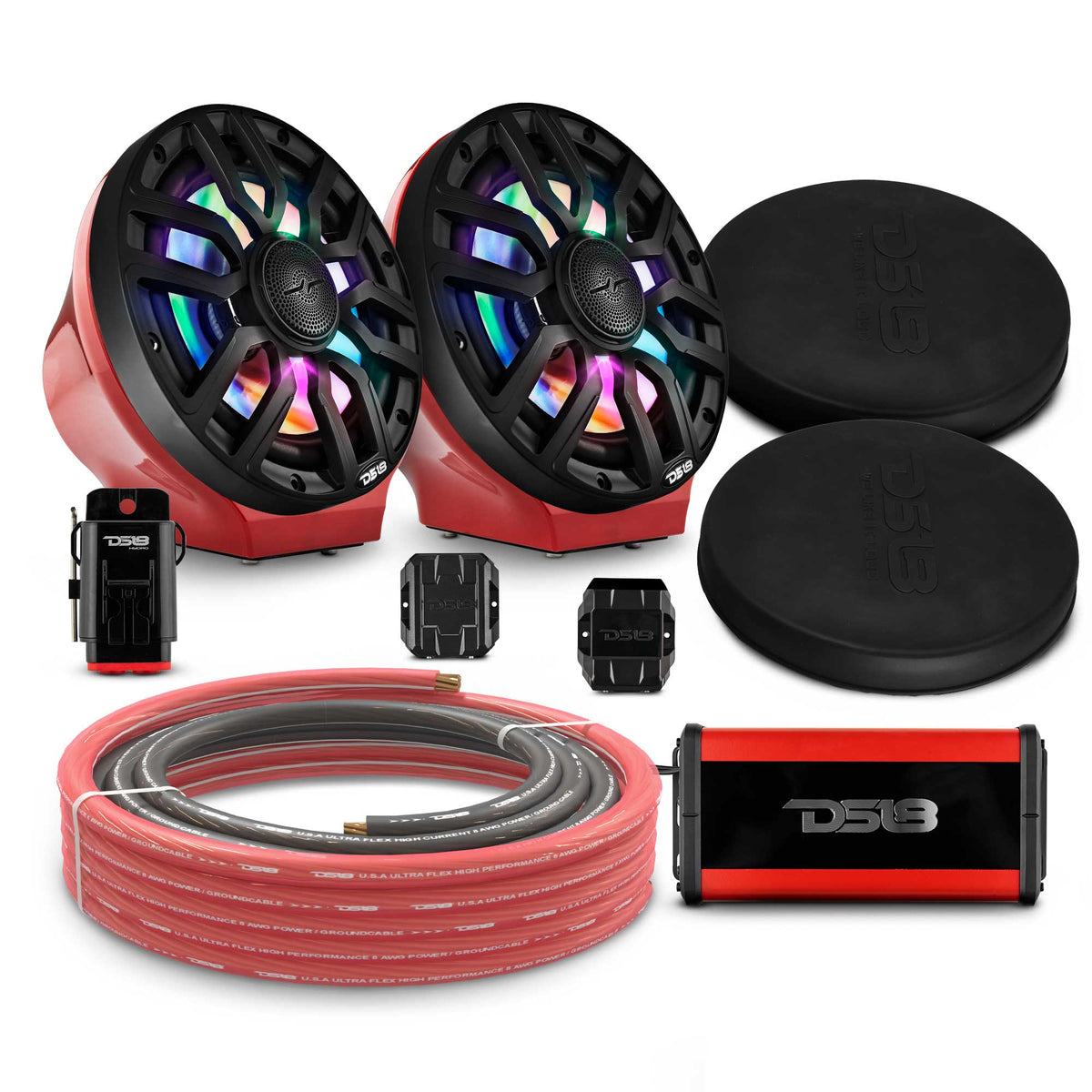 DS18 8" Loaded Flat Mount Speaker Pods with Amplifier, Installation Kit and Digital LED Lights, Package for Can-Am Spyder &