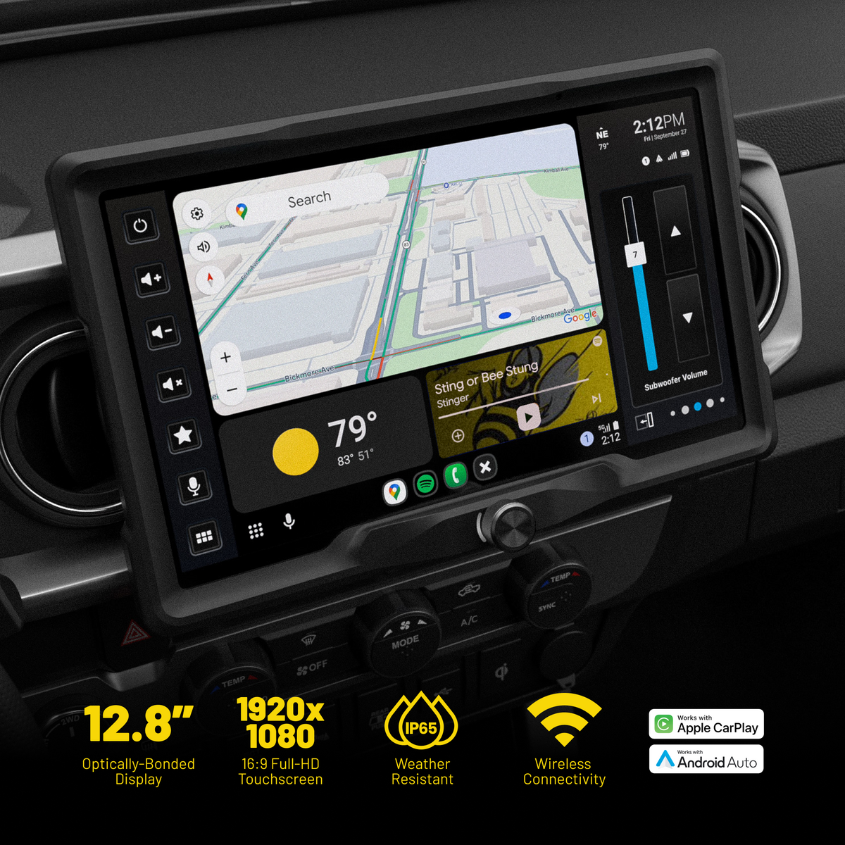 Stinger display graphic showing a landscape-mounted 12.8-inch 1920 x 1080 touchscreen with IP65 weather resistance and wireless CarPlay and Android Auto