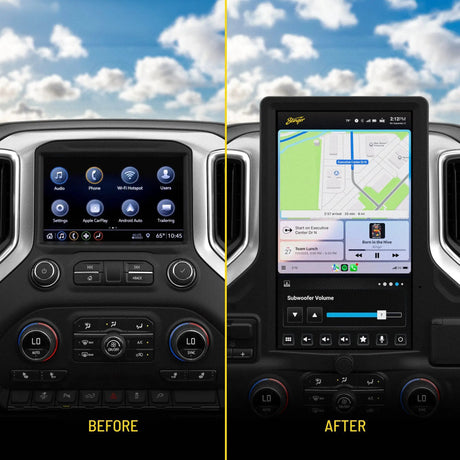 Chevrolet Silverado/GMC Sierra dashboard before and after installation of the Stinger HORIZON12 portrait touchscreen