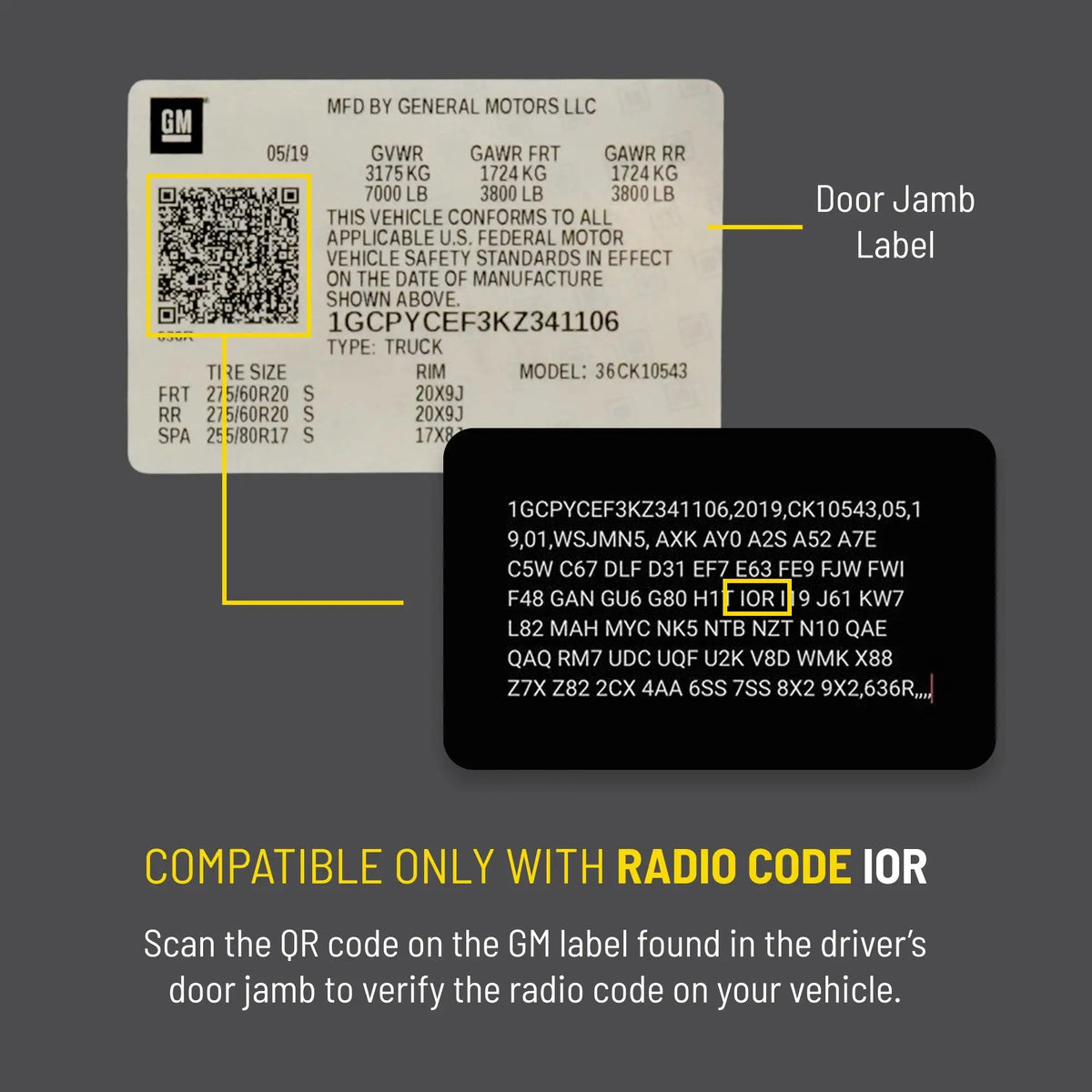 GM compatibility guide: only radio code IOR is supported; scan the QR code on the driver's door-jamb label to verify the vehicle's radio code