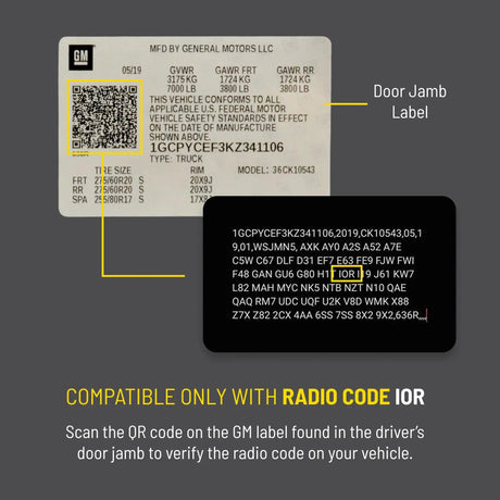 GM compatibility guide: only radio code IOR is supported; scan the QR code on the driver's door-jamb label to verify the vehicle's radio code