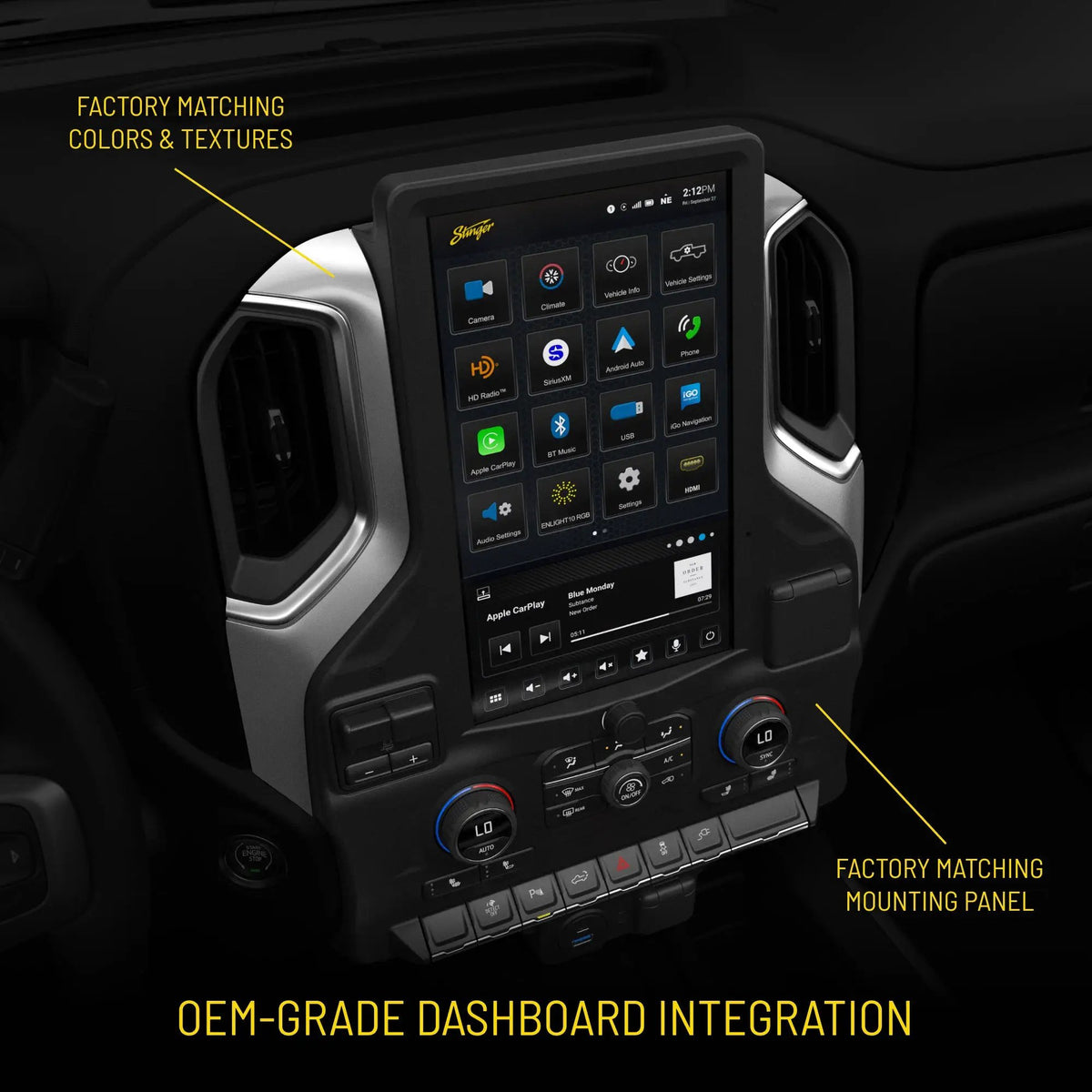 Installed portrait Stinger display with callouts highlighting factory-matching dashboard colors, textures and mounting panel