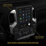 Installed portrait Stinger display with callouts highlighting factory-matching dashboard colors, textures and mounting panel