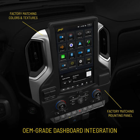 Installed portrait Stinger display with callouts highlighting factory-matching dashboard colors, textures and mounting panel
