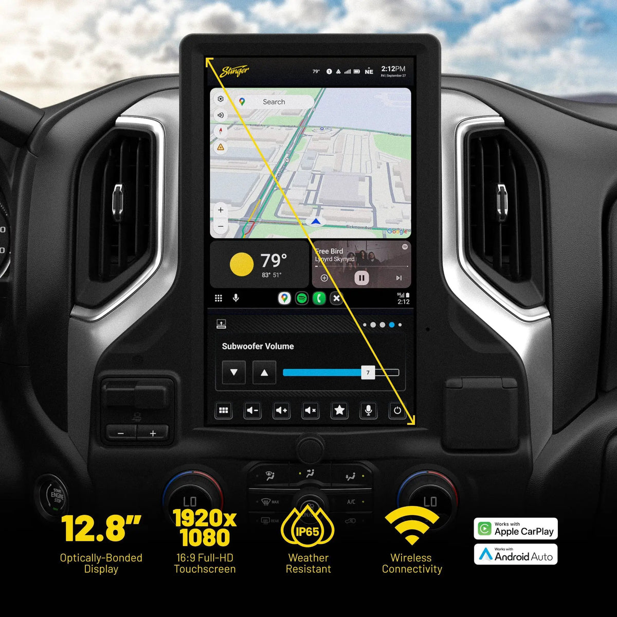 Stinger display graphic highlighting a 12.8-inch optically bonded 1920 x 1080 touchscreen, IP65 weather resistance and wireless CarPlay and Android Auto