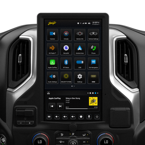 Tall Stinger touchscreen installed between dashboard vents, showing app icons above Apple CarPlay music controls