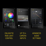 Stinger HORIZON12 feature screens showing RGB lighting control, camera inputs and advanced audio settings