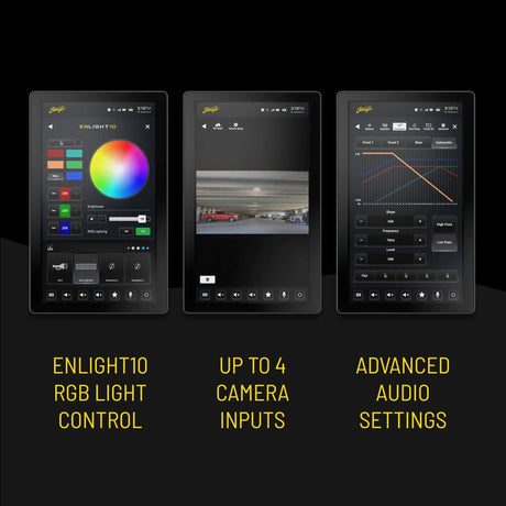 Stinger HORIZON12 feature screens showing RGB lighting control, camera inputs and advanced audio settings