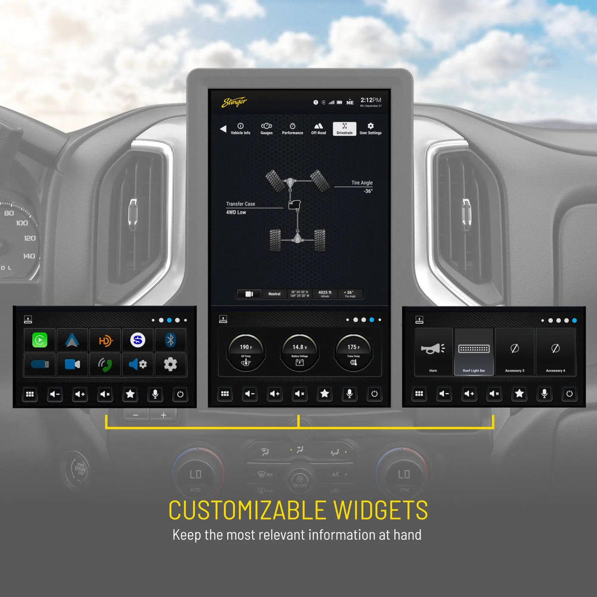 Stinger HORIZON12 installed in a Chevrolet Silverado/GMC Sierra dashboard with examples of customizable screen widgets