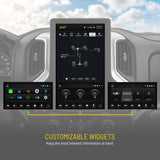 Stinger HORIZON12 installed in a Chevrolet Silverado/GMC Sierra dashboard with examples of customizable screen widgets
