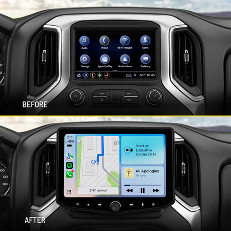 Before-and-after dashboard comparison showing the factory screen replaced by a larger touchscreen with navigation and music controls