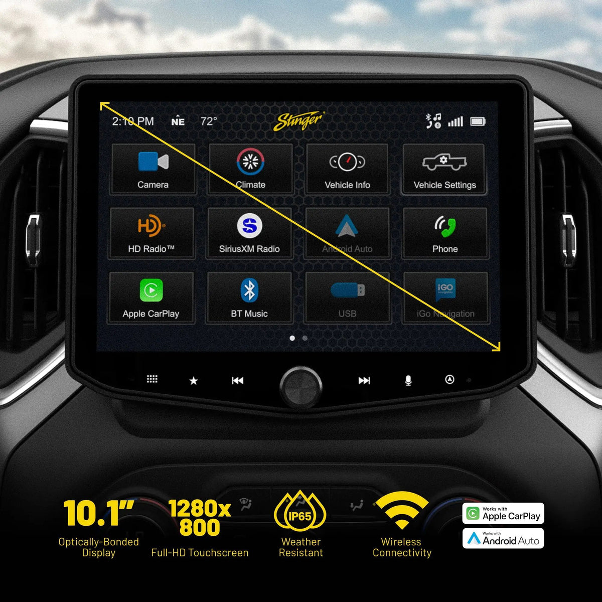Stinger display graphic listing a 10.1-inch 1280-by-800 touchscreen, IP65 weather resistance and wireless Apple CarPlay and Android Auto