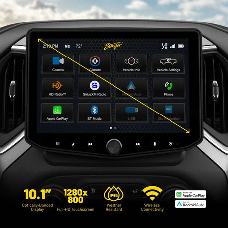 Stinger display graphic listing a 10.1-inch 1280-by-800 touchscreen, IP65 weather resistance and wireless Apple CarPlay and Android Auto
