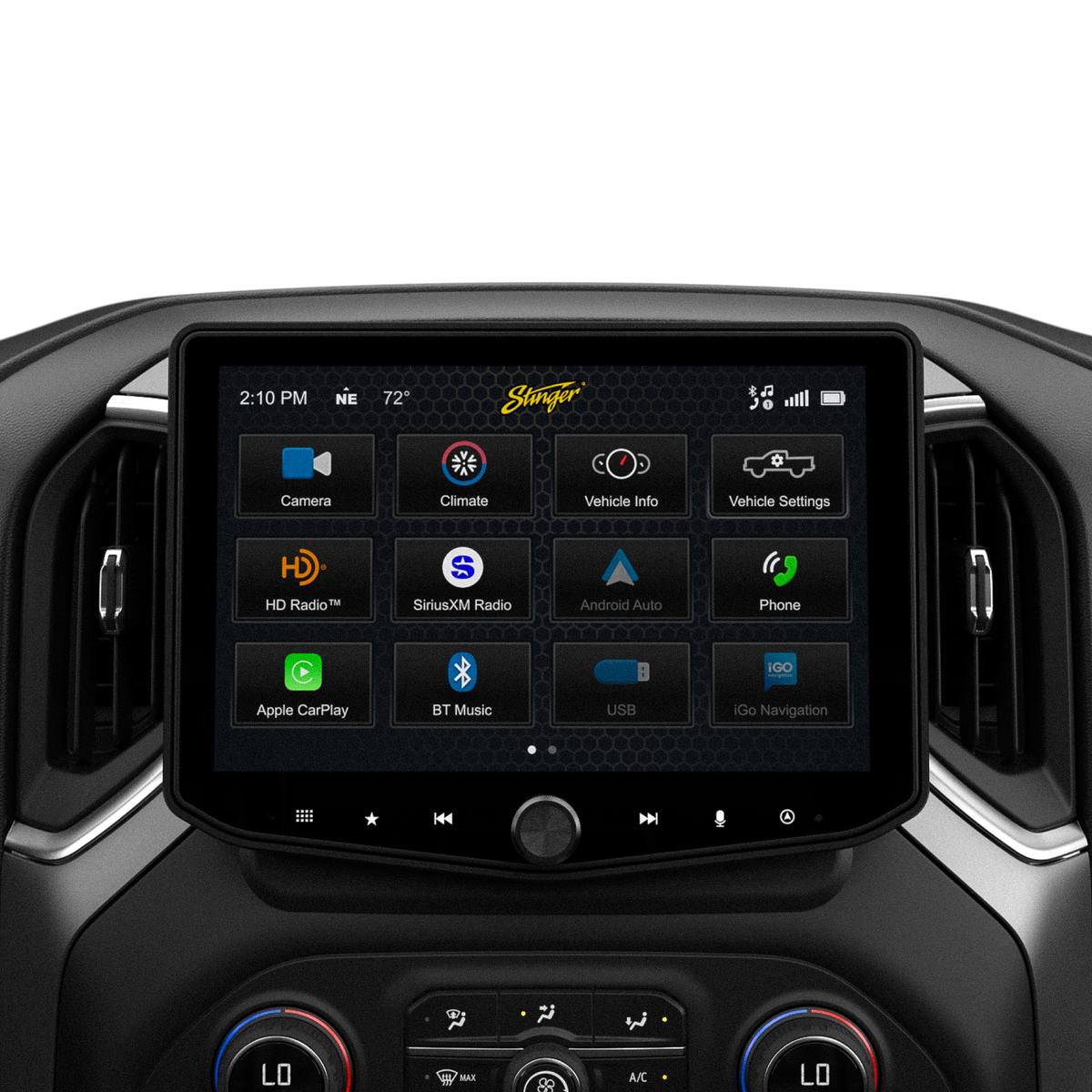 Stinger touchscreen installed between dashboard vents, displaying its camera, climate, vehicle-information and audio-source menu