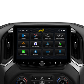 Stinger touchscreen installed between dashboard vents, displaying its camera, climate, vehicle-information and audio-source menu