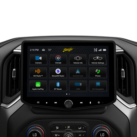 Stinger touchscreen installed between dashboard vents, displaying its camera, climate, vehicle-information and audio-source menu