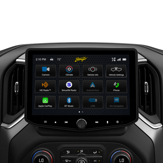 Stinger touchscreen installed between dashboard vents, displaying its camera, climate, vehicle-information and audio-source menu