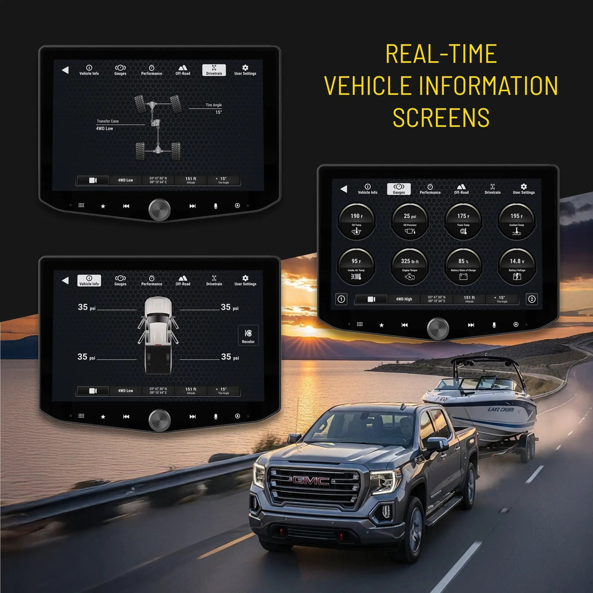 Real-time vehicle-information graphic showing drivetrain, tire-pressure and engine gauges on a touchscreen above a truck towing a boat