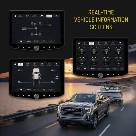 Real-time vehicle-information graphic showing drivetrain, tire-pressure and engine gauges on a touchscreen above a truck towing a boat