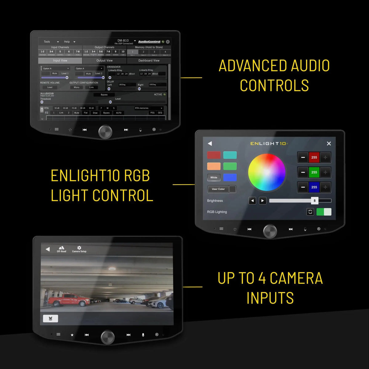 Stinger feature graphic showing audio controls, ENLIGHT10 RGB lighting controls and support for up to four camera inputs