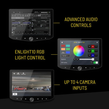 Stinger feature graphic showing audio controls, ENLIGHT10 RGB lighting controls and support for up to four camera inputs