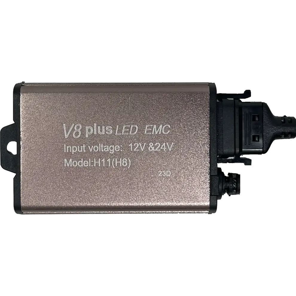 The Lumi LUMI Stage 3 H11 LED Headlight Bulbs are rectangular metallic devices labeled V8 plus LED EMC, featuring advanced CSP chips and designed for LED headlights with an input voltage range of 12V 8-24V. The model is H111 (H8), equipped with connectors on the right side and a mounting tab on the left. They deliver a crisp 6000K light output for superior visibility.