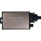 The Lumi LUMI Stage 3 H11 LED Headlight Bulbs are rectangular metallic devices labeled V8 plus LED EMC, featuring advanced CSP chips and designed for LED headlights with an input voltage range of 12V 8-24V. The model is H111 (H8), equipped with connectors on the right side and a mounting tab on the left. They deliver a crisp 6000K light output for superior visibility.