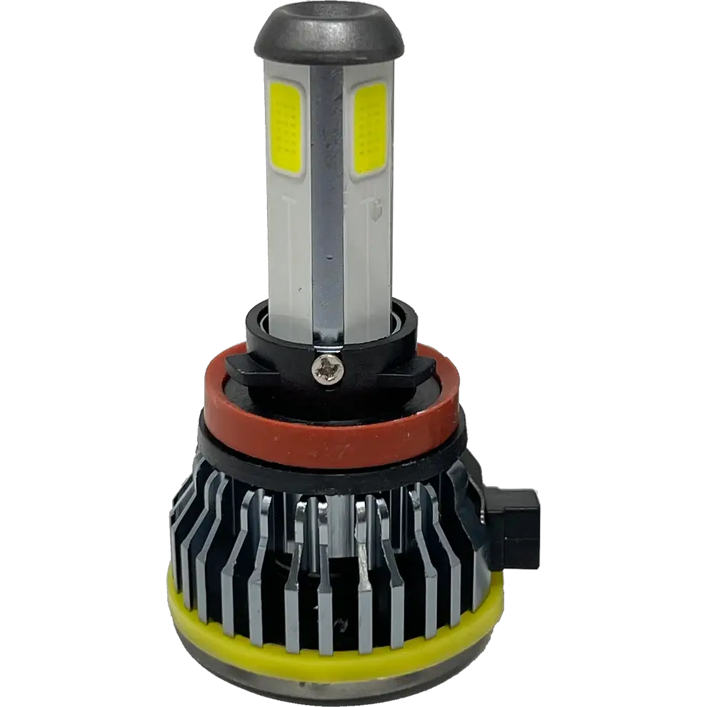 Lumi LUMI Stage 1 H11 LED headlight bulb featuring a cylindrical top with yellow LED chips on the sides, a metallic center accented with a red ring, and a black and silver heat sink baseâ€”presented against a white background. This high-performance 6000K, 40 Watt Lumi bulb delivers bright, efficient illumination for your vehicle.