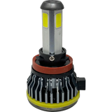 Lumi LUMI Stage 1 H11 LED headlight bulb featuring a cylindrical top with yellow LED chips on the sides, a metallic center accented with a red ring, and a black and silver heat sink baseâ€”presented against a white background. This high-performance 6000K, 40 Watt Lumi bulb delivers bright, efficient illumination for your vehicle.