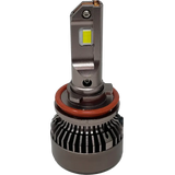 A close-up of the Lumi LUMI Stage 3 H11 LED Headlight Bulb showcases its robust metal body, integrated cooling fins at the base, and a durable rubber gasket, with two yellow CSP chips visible near the top. Engineered for optimal brightness, these 6000K bulbs deliver crisp, white illumination for safer nighttime driving.