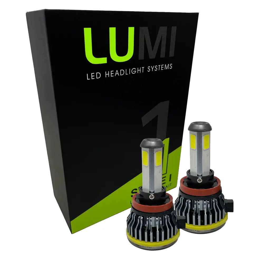 Two LUMI Stage 1 H11 LED Headlight Bulbs by Lumi, each delivering 40 watts of power with a sharp 6000K color temperature and advanced LED CANBUS compatibility, are displayed in front of a black and green box labeled â€œLUMI LED Headlight Systems.â€.