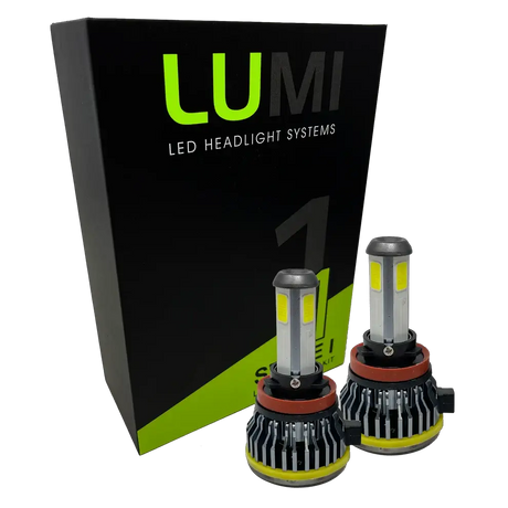 Two LUMI Stage 1 H11 LED Headlight Bulbs by Lumi, each delivering 40 watts of power with a sharp 6000K color temperature and advanced LED CANBUS compatibility, are displayed in front of a black and green box labeled â€œLUMI LED Headlight Systems.â€.
