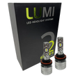 Two metallic Lumi Stage 2 H11 LED Headlight Bulbs, equipped with advanced CSP chips and delivering a crisp 6000K color temperature, are displayed in front of a black Lumi LED Headlight Systems box featuring â€œStage IIâ€ and â€œ2â€ branding.