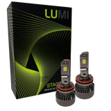 Two LUMI Stage 3 H11 LED headlight bulbs from Lumi, featuring advanced CSP chips, are displayed in front of a black box with green wavy lines and the words â€œSTACKâ€ and â€œPremium LED Headlightsâ€ on the packaging, emphasizing their impressive 6000K brightness for superior visibility.